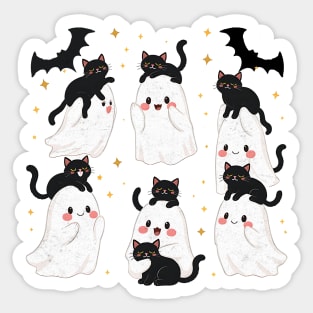 Kawaii Ghosts with Playful Black Cats Halloween Design Sticker